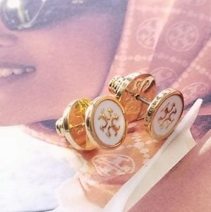 Tory Burch🎁White Serif T Enamel 14K Plt Studs